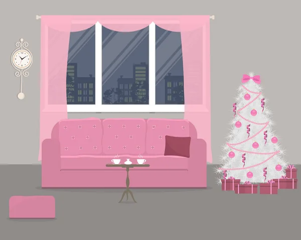 Sala Estar Rosa Decorada Con Decoraciones Navideñas Habitación Tiene Sofá — Archivo Imágenes Vectoriales