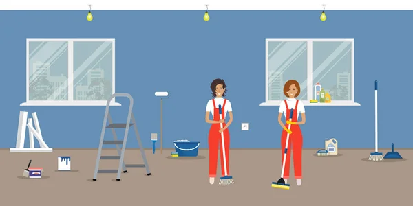 Reparación Habitaciones Casa Limpieza Apartamento Después Pintar Las Paredes Limpieza — Vector de stock