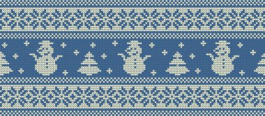 Noel arka plan. Örme desenle kardan adam ve köknar ağaçları. Süs. Sorunsuz sınır. Arka plan olarak kullanılabilir. Vektör çizim.