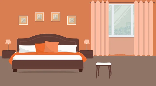 卧室的橙色颜色 有一个床上有枕头 床头柜 灯在窗口背景的形象 墙上还有图画 矢量平面图 — 图库矢量图片