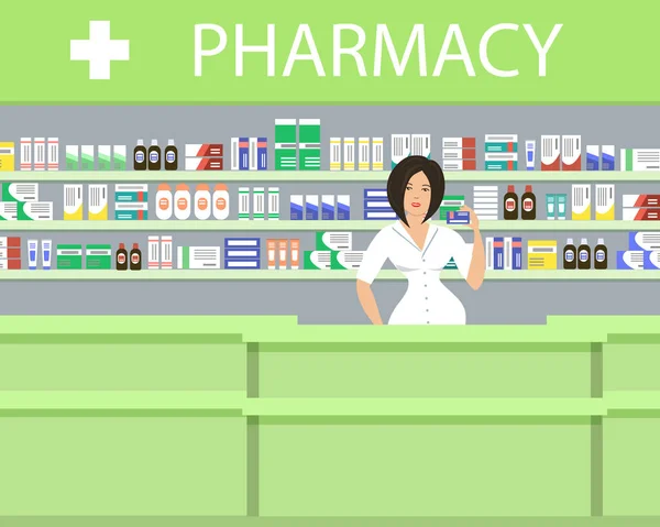 Farmacia Color Verde Mujer Farmacéutica Está Cerca Los Estantes Con — Vector de stock