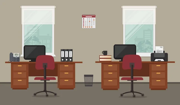 Lugar Trabajo Los Trabajadores Oficina Con Muebles Marrones Sillas Rojas — Vector de stock