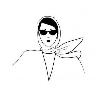 Bir eşarp ve gözlük bir kadın silueti. El çizimi. Siyah ve beyaz renklerde vektör çizim.