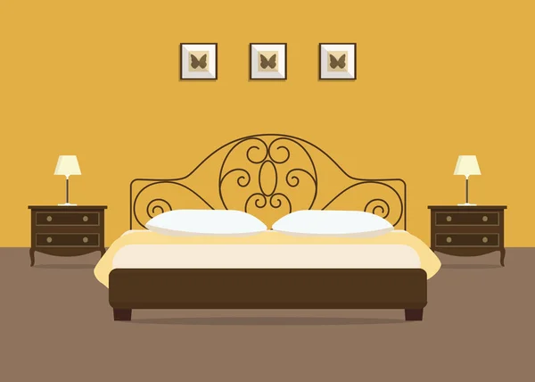 黄色のベッドルーム ベッドサイド テーブル ランプ イメージにブラウンのベッドがあります 蝶の壁に写真があります ベクトル フラット図 — ストックベクタ