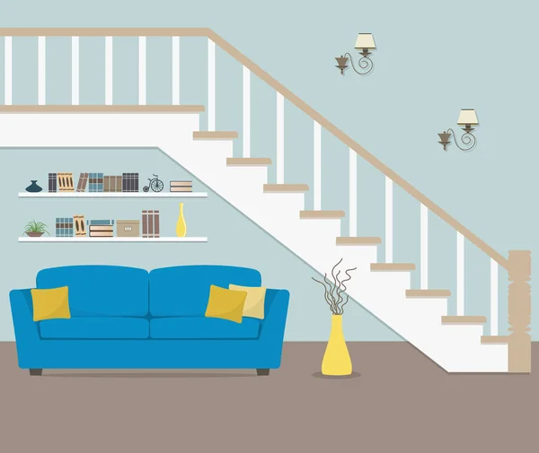 蓝色沙发与枕头 位于楼梯下 还有一个花瓶 里面有装饰的树枝 台灯和书架 矢量平面图 — 图库矢量图片