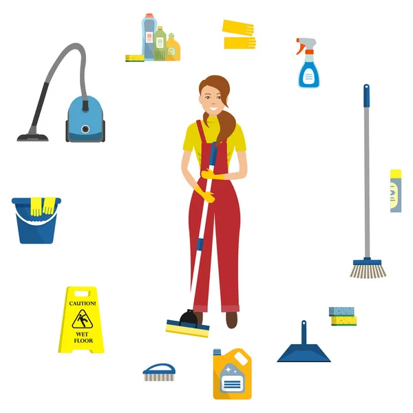 Cleaning Lady Surrounded Objects Cleaning Vacuum Cleaner Mop Brush Scoop — Stock Vector