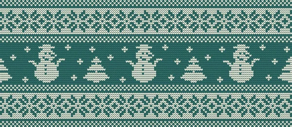 Різдвяний Фон Язаний Візерунок Сніговиками Ялинками Зеленому Тлі Орнамент Безшовний — стоковий вектор