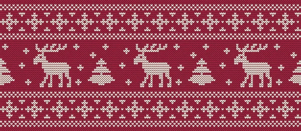 Weihnachtlicher Hintergrund Strickmuster Mit Hirschen Und Tannen Auf Rotem Hintergrund — Stockvektor