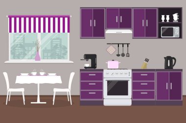 Bir mor renk mutfakta. Mutfak dolapları, bir soba, kahve makinesi, su ısıtıcısı, sandalye, bir pencere ve Resimdeki diğer nesneleri içeren bir tablo vardır. Vektör düz çizim