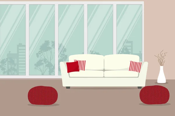 Canapé Blanc Avec Oreillers Rouges Sur Fond Fenêtre Aussi Des — Image vectorielle
