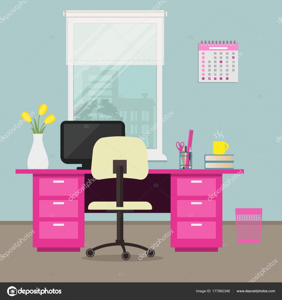 Office Pink Color Workplace Home Desk Chair Computer Calendar Office In A Pink Color Workplace Home There Is Desk Chair Computer Calendar Vase With Tulips And Other Objects On Window