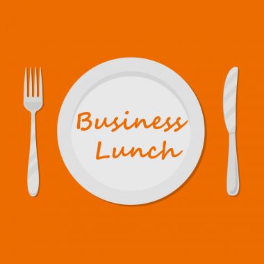 İş öğle yemeği kavramı. Turuncu bir arka plan üzerinde yazıt 