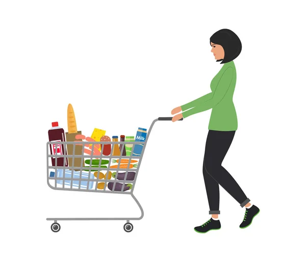 Mujer Joven Con Carrito Compras Lleno Alimentos Bebidas Hay Pan — Vector de stock