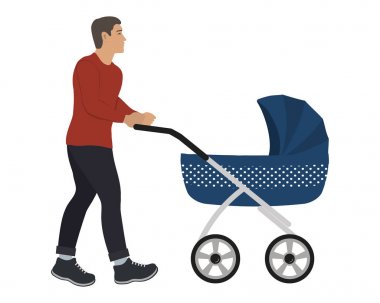 Mavi bebek arabası olan genç adam. Vektör çizim.