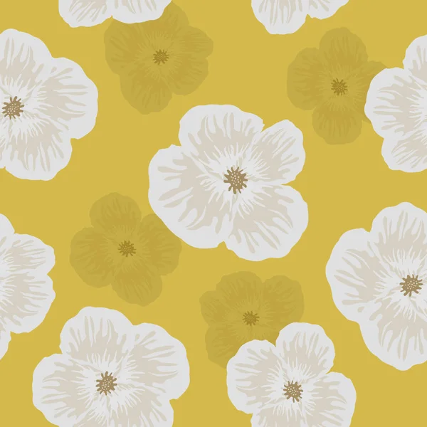 黄色の背景に白い花のシームレスなパターン ノート タイル生地背景の登録 プレゼントの包装に使用できます ベクトル図 — ストックベクタ
