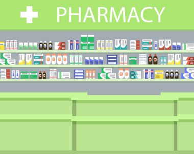 Bir eczane iç nesneler. Bir tabela ve raflar resimdeki ilaçlarla. Vektör çizim.