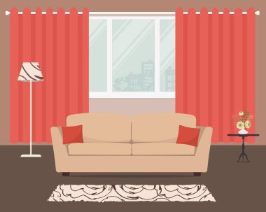 Bej kanepe ve turuncu perdeleri oturma odası. Bir kanepe yastık ve görüntü penceresi arka plan üzerinde bir lamba ile vardır. Orada da burada masaya çiçek vazo. Vektör çizim