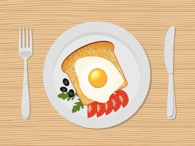 Sahanda yumurta, tost ve ahşap arka plan üzerinde domates ile plaka. Ayrıca çatal ve bıçakla resimdeki bulunmaktadır. Vektör çizim