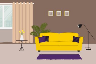 Sarı bir kanepe ve mor yastık ile oturma odası. Görüntü penceresi arka plan üzerinde Sarı laleler içeren bir tablo var. Ayrıca oda birçiçek ve bir lamba burada bulunmaktadır. Vektör çizim