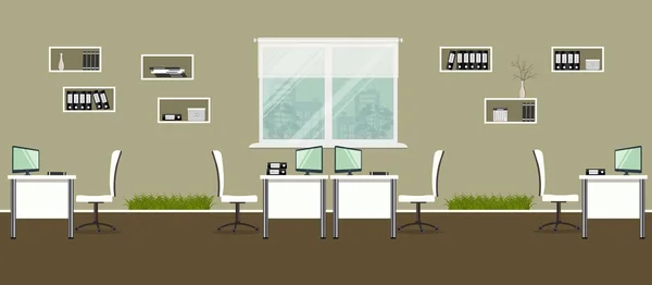 Escritório Moderno Com Mobiliário Branco Grama Decorativa Mesas Cadeiras Prateleiras — Vetor de Stock
