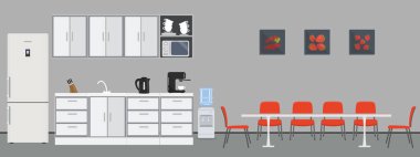 Office mutfak. Ofiste yemek odası. Mutfak dolapları, bir buzdolabı, bir tablo, sandalye, bir mikrodalga, kettle ve kahve makinesi görüntü vardır. Meyve duvar resimleri vardır. Vektör