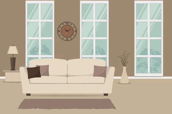 客厅里有白色的沙发和棕色的枕头 还有一张桌子 里面有台灯和花瓶 在图片的窗口背景上有树枝 墙上有一个钟 矢量插图 — 图库矢量图片