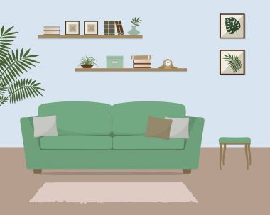 Yeşil kanepe oturma odası. Ayrıca kitap ve resimdeki ev dekorasyonu ile bir raf var. Duvardaki tropik bitkiler ile resimleri vardır. Vektör çizim.