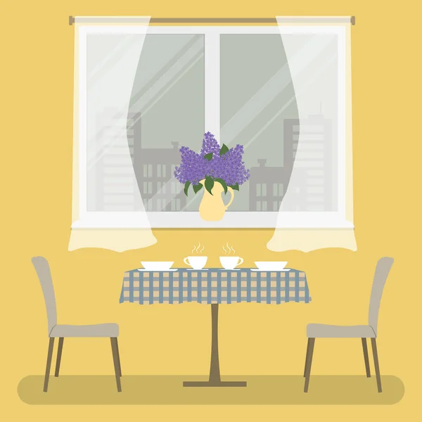 Une Table Avec Une Nappe Carreaux Deux Chaises Beiges Sur — Image vectorielle