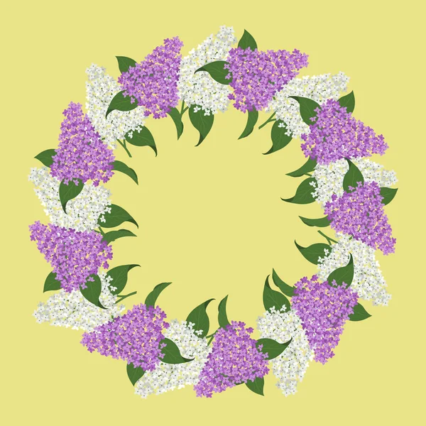 花圆形框架从丁香 白色和紫色的丁香花 绿色的叶子在黄色的背景 贺卡模板 它可以用作项目中的设计元素 矢量插图 — 图库矢量图片