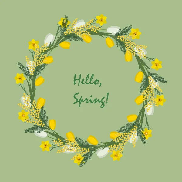 Floral round frame from spring flowers. Yellow and white flowers of tulips, daffodils and mimosa on a green background. There is text \