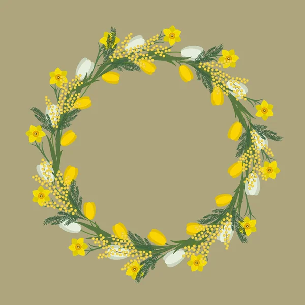 Floral round frame from spring flowers. Yellow and white flowers of tulips, daffodils and mimosa on a beige background. Greeting card template. It can be used as an design element in projects. Vector