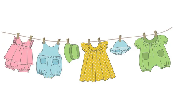 Bebek giysileri clothesline üzerinde dur. Şeyler üzerinde clothespins yıkandıktan sonra kurutulur. Vektör çizim.