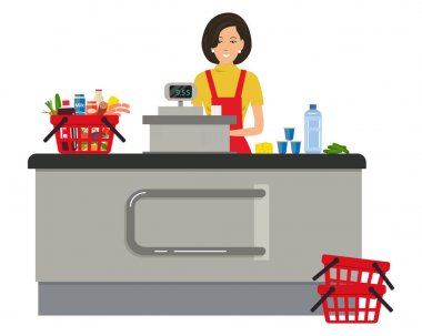 Bir süpermarket kasiyer Web afiş. Genç kadın Yazar kasa duruyor. Ürün resimde kırmızı arabası da vardır. Vektör çizim.
