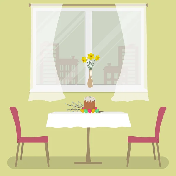 一张桌子上有白色的桌布和两把红色的椅子在窗口背景 有一个复活节蛋糕 复活节彩蛋和柳树树枝在桌子上 窗台上有一个花瓶 上面有水仙花 — 图库矢量图片