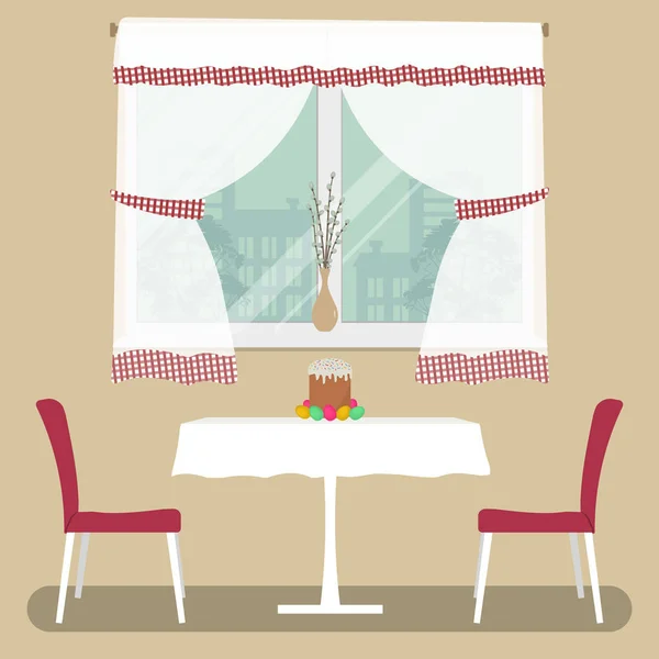 白いテーブル クロスとウィンドウの背景の つの赤い椅子のテーブル イースター ケーキとテーブルの上のイースターエッグがあります 窓辺に柳の枝を花瓶があります ベクトル画像 — ストックベクタ