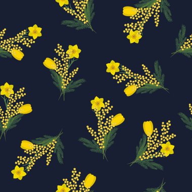 Sarı çiçek ve koyu mavi zemin üzerine yeşil yaprakları ile Seamless modeli. Mimoza, nergis ve Lale resmi vardır. Bahar Çiçek demetleri. Vektör çizim.