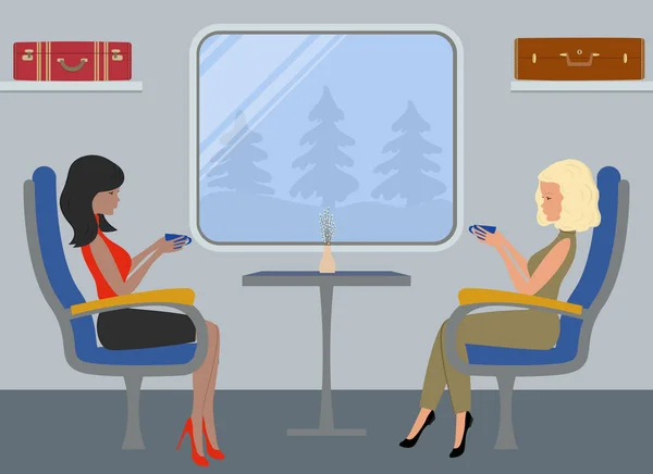 Tren Vagonu Yolcular Genç Kadın Mavi Koltuklar Içinde Oturan Bir — Stok Vektör