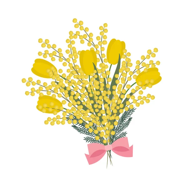 Букет Желтых Тюльпанов Мимозы Белом Фоне Весенние Цветы Розовым Бантом — стоковый вектор