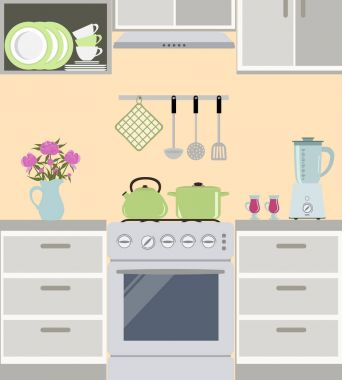 Gri renkli bir mutfak iç parçası. Natürmort. Yeşil su ısıtıcısı ve pan ocakta. Ayrıca blender, bir vazo pembe peonies ile ve diğer nesneleri içinde belgili tanımlık resim. Vektör çizim