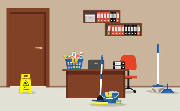 Ofiste Temizlik Şte Bir Dikkat Islak Zemin Işareti Bir Bez — Stok Vektör
