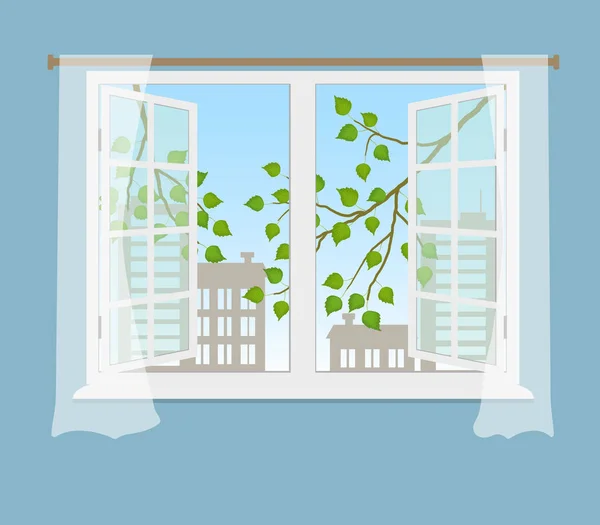 Perdeler Mavi Bir Arka Plan Üzerine Açık Pencere Pencerenin Dışında — Stok Vektör