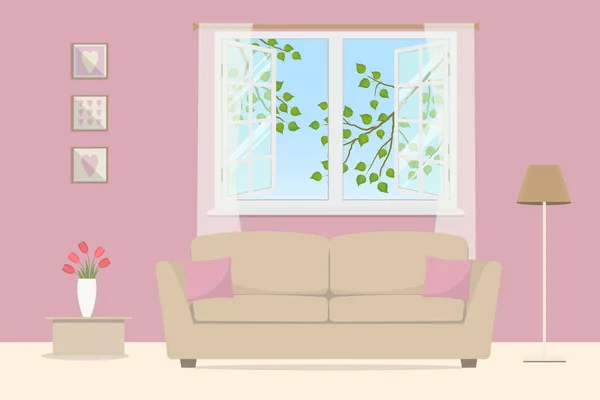 粉红色的起居室 米色沙发与枕头在打开的窗口背景 窗外有树叶的树枝 房间里有一盏台灯 一张有郁金香和图画的桌子 — 图库矢量图片