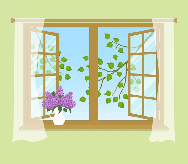 Nyitott Ablak Függöny Egy Zöld Háttér Ablakon Kívül Vannak Faágakat — Stock Vector