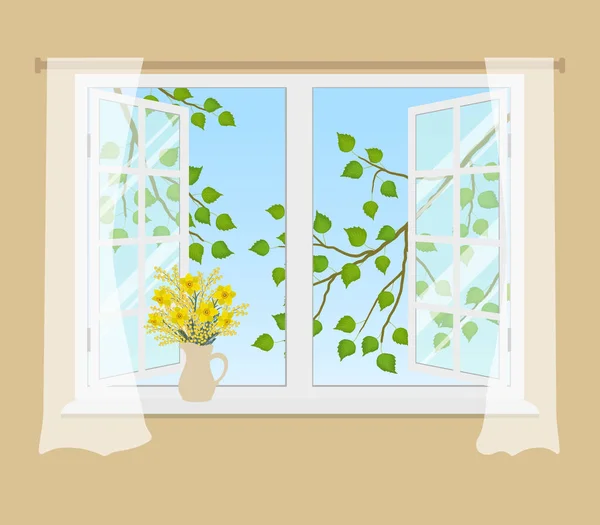ベージュ色の背景にカーテンのウィンドウを開きます 窓の外は 緑の葉と木の枝があります ミモザと窓辺に水仙の花束があります ベクトル図 — ストックベクタ