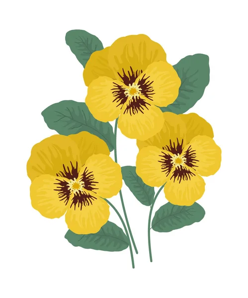 Flores Amarillas Con Hojas Sobre Fondo Blanco Ilustración Vectorial — Vector de stock