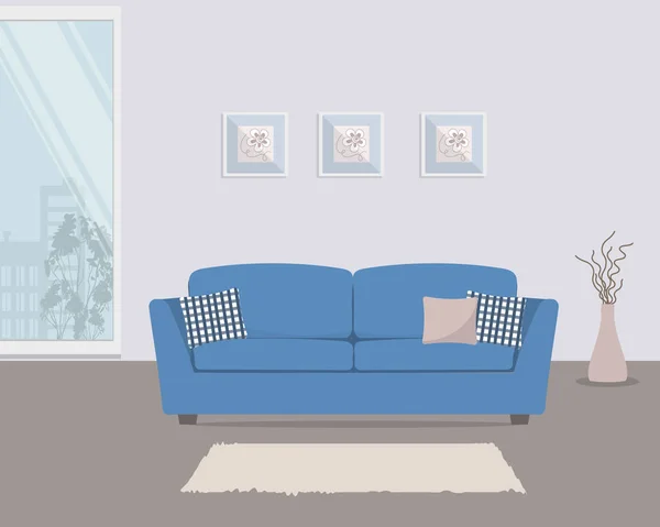 Гостиная Синим Диваном Подушками Изображении Большое Окно Картинки Ваза Векторная — стоковый вектор