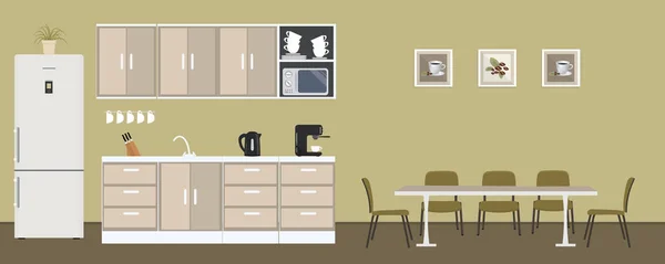 緑の色のオフィス キッチン 事務所のダイニング ルーム 冷蔵庫 テーブル 電子レンジ やかん コーヒー マシンのイメージがあります — ストックベクタ