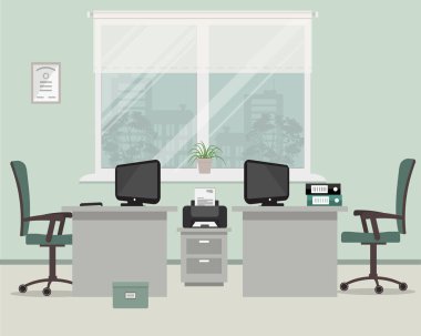 Office bir gri renkte. Pencere arka plan üzerinde iki işçiler için çalışma alanı. Masalar, sandalyeler, bir yazıcı, bilgisayarlar, klasörleri ve diğer nesneleri resim vardır. Vektör düz çizim.