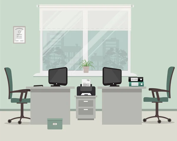 办公室以灰色的颜色 工作场所为两个工人在窗口背景 图片中有书桌 打印机 计算机 文件夹和其他对象 矢量平图 — 图库矢量图片