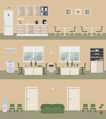Bej renkli ofis binası. Beyaz mobilya ve yeşil sandalyeleri, koridor, office mutfak oda ofis. Bir Fotokopi makinesi, yazıcı, bir saç kremi ve diğer nesneleri resim vardır. Vektör